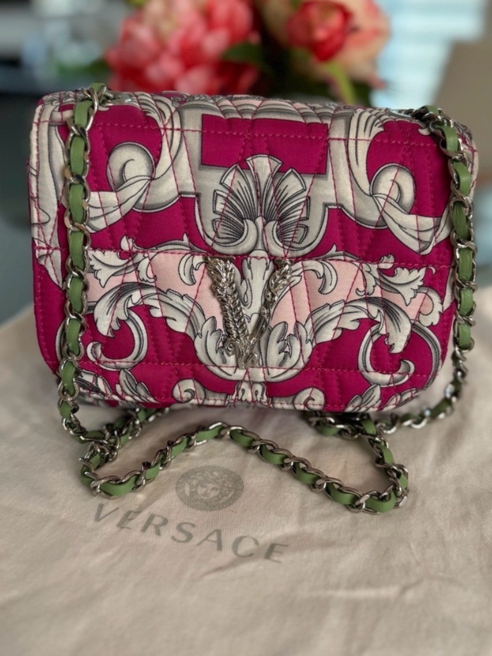 Versace Minaudière Pink Paisley Print Silver-Tone Hardware Lime Green Interior